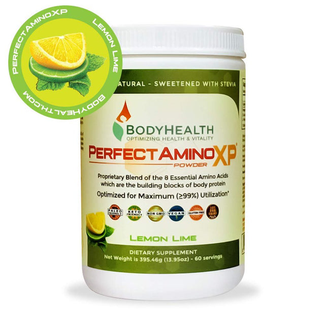 Bodyhealth Perfectamino XP Lemon Lime (60 Servings), Best Pre/Post Workout Recovery Drink, 8 Essential Amino Acids Energy Supplement with 50% Bcaas, 100% Organic, 99% Utilization