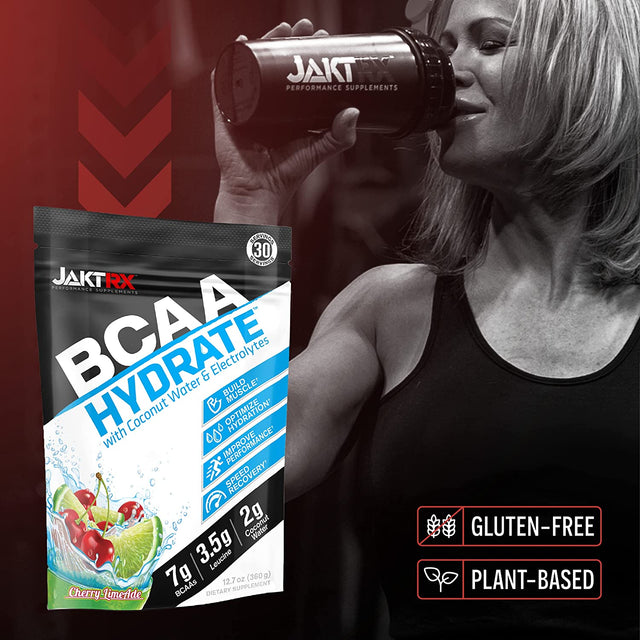 JAKTRX BCAA Hydrate - Premium Branched Chain Amino Acids & Hydration Formula - 7G Bcaas, 2:1:1 Ratio, 3.5G Leucine, 2G Coconut Water, Caffeine-Free, Electrolytes - 30 Servings (360G) - Cherry Limeade