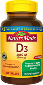 Nature Made Vitamin D3, 220 Tablets, Vitamin D 2000 IU (50 Mcg) Helps Support Immune Health, Strong Bones and Teeth, & Muscle Function, 250% of Daily Value for Vitamin D in One Daily Tablet