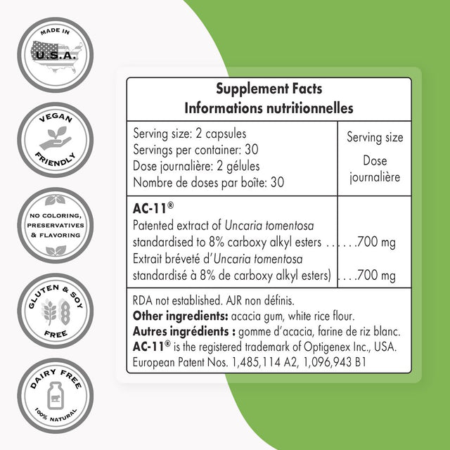 Supersmart - AC-11® (Cats Claw) 700 Mg per Day - Una De Gato Extract - Immunity Booster Supplement - Collagen Support | Non-Gmo & Gluten Free - 60 Vegetarian Capsules