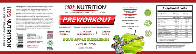 110% Nutrition Preworkout (Sour Apple Bubblegum, 20-40 Servings)