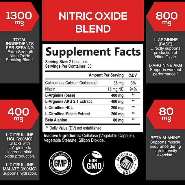 Nitric Oxide Booster Supplement L-Arginine 1300Mg Workout Muscle Pump 60 Capsules