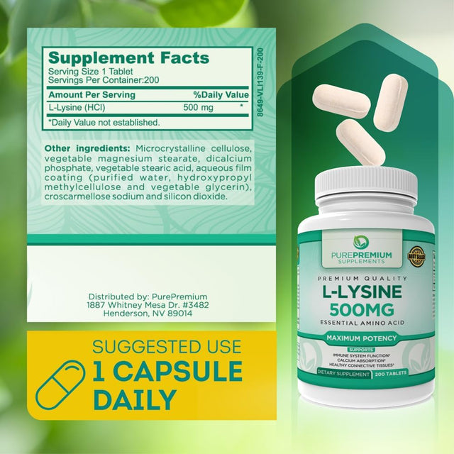 Purepremium L-Lysine 500 Mg - Lysine Supplement - Essential Amino Acid with Maximum Strength - Immune Support Supplement - Pure Lysine 500Mg for Fast Absorption - 7 Months Supply - 200 Tablets