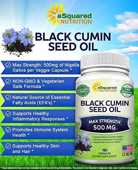 Black Cumin Seed Oil 500Mg - 180 Capsules - Cold Pressed Black Seed Oil (Nigella Sativa) Supplement Pills to Support Skin & Hair Health - Virgin & First Pressing - Non-Gmo