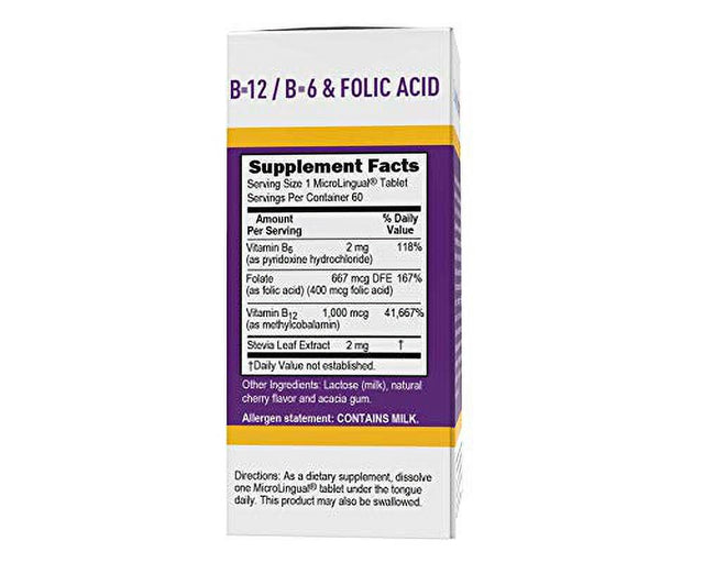 Superior Source No Shot Vitamin B12 Methylcobalamin (1000 Mcg), B6, Folic Acid, Quick Dissolve Sublingual Tablets, 60 Ct, Increase Energy, Healthy Heart, Boost Metabolism, Stress Support, Non-Gmo