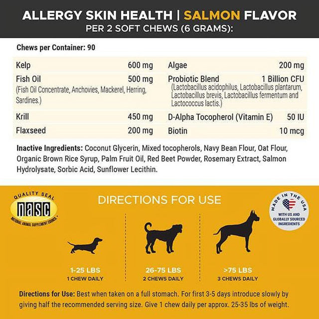 Pet Honesty Dog, Allergy Skin Health Support Supplement W Vitamin C Vitamin E and Probiotics, Duck Flavor, 90 Count Soft Chews