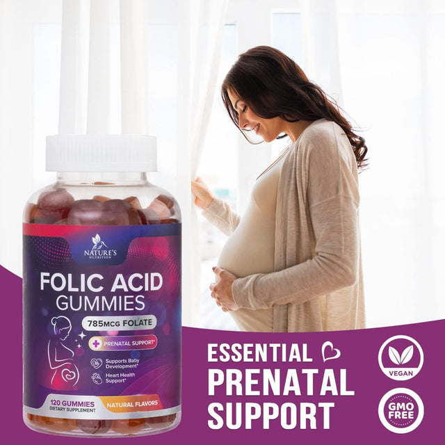 Folic Acid Gummies for Women 785 Mcg, Essential Prenatal Vitamins for Mom & Baby, Vegan Folic Acid Supplement Gummy, B9 Chewable Extra Strength Folate for before during after Pregnancy - 120 Gummies