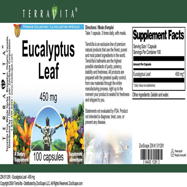 Terravita Eucalyptus Leaf - 450 Mg, (100 Capsules, 1-Pack, Zin: 511291)