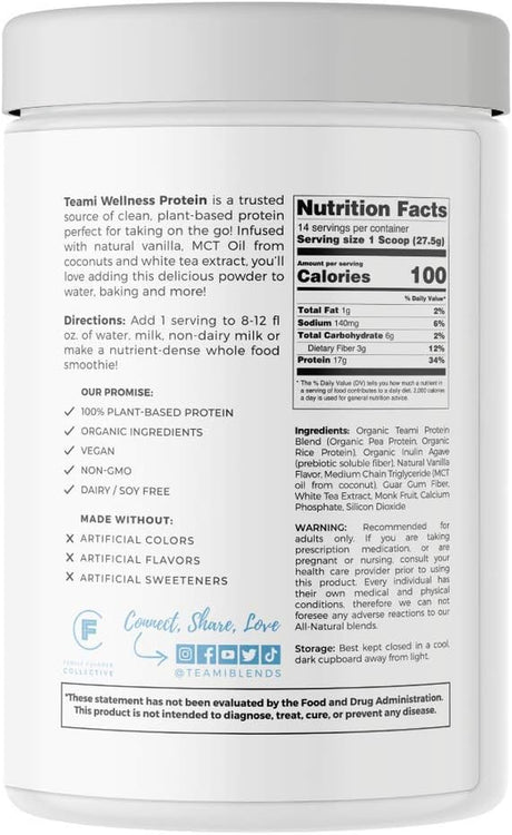 Teami Vanilla Protein Powder with Organic Ingredients - Smooth Plant Based Pea Protein Powder with Low Net Carbs, Non-Gmo, Dairy Free,Soy Free, Sugar Free Vegan Protein Powder (14 Servings, 13.6 Oz)