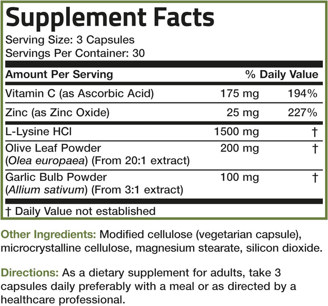 Bronson L-Lysine Defense Immune Support Complex 1500 MG L-Lysine plus Olive Leaf, Garlic, Vitamin C and Zinc - Non-Gmo, 90 Vegetarian Capsules