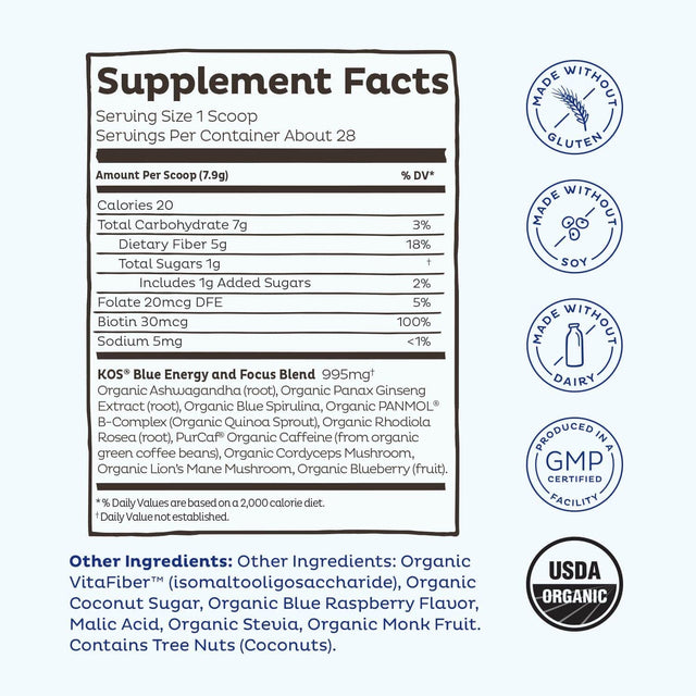 KOS USDA Organic Energizing Blue Spirulina Blend - 70 Mg Organic Caffeine, B-Complex, Ashwagandha Root, Ginseng, Mushroom - Plant Based, Vegan Pre Workout Powder - Blue Raspberry Flavored, 28 Servings