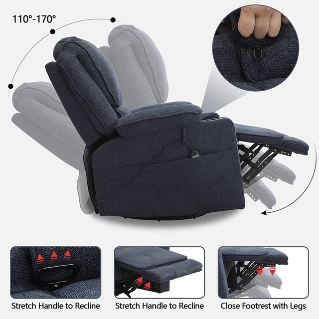 KIGOTY Rocking Recliner Chair, 360 Degree Swivel Massage Sofa Chair with Heating, Linen Cotton Fabric Ergonomic Lounge Chair with 2 Cup Holders & Side Pockets for Living Room Home Theater, Navy Blue