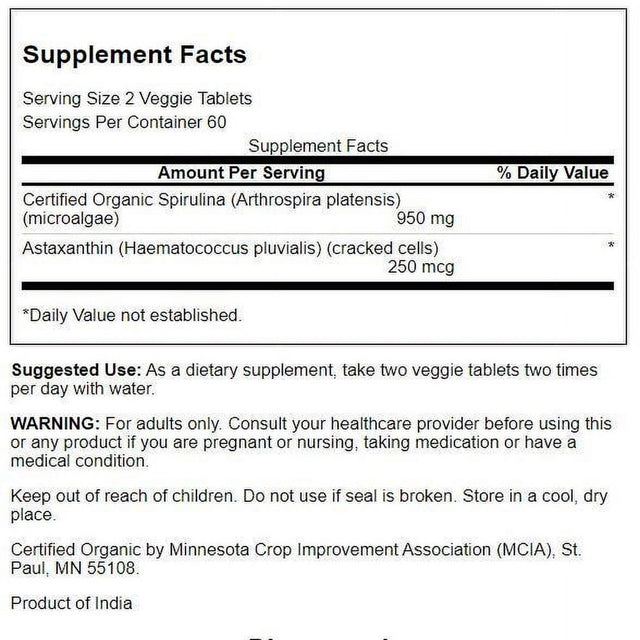 Swanson Organic Spirulina and Astaxanthin 120 Veggie Tablets