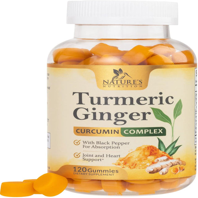 Turmeric Ginger Gummies - Vegan Turmeric Curcumin Gummy with 95% Curcuminoids - Black Pepper for Max Absorption, Herbal Joint Support Supplement, Nature'S Tumeric Extract, Peach Flavor - 120 Gummies