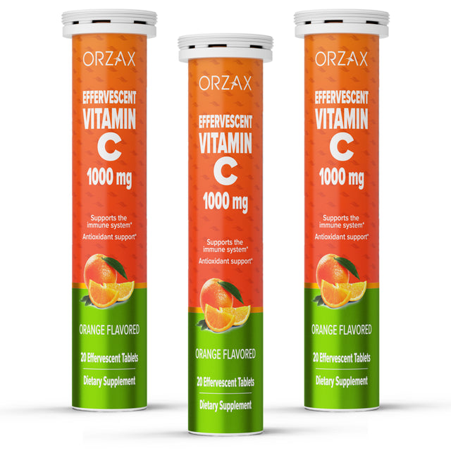 ORZAX Vitamin C 1000Mg Immune Support Supplement - Antioxidant Boost - Orange Flavored with 3 Pack (60 Effervescent Tablets)