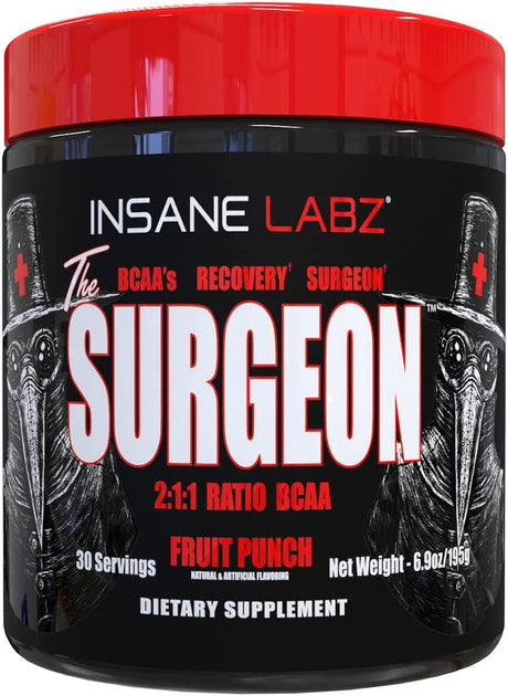 Insane Labz the Surgeon BCAA Recovery Powder - Branched Chain Amino Acid Post Workout Drink for Muscle Recovery - 30 Srvgs, Fruit Punch