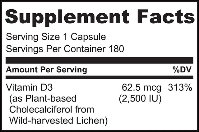 NATURELO Vitamin D3 - 2500 IU - Plant Based from Lichen - Natural Vegan D3 Supplement for Immune System, Bone Support, Joint Health - Non-Gmo - Gluten Free - 180 Mini Capsules