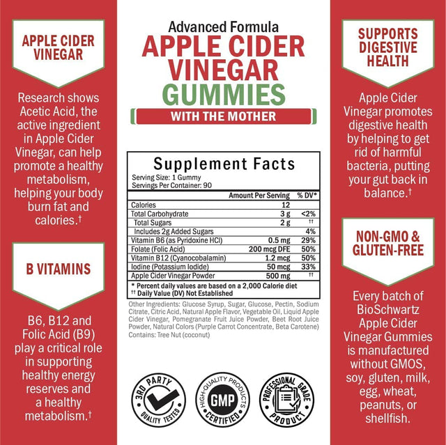 Apple Cider Vinegar Gummies for Weight Loss - ACV Gummies with the Mother for Women & Men - Energy Boost Bloat Digestive & Immune Support - Vitamin B12 B6 B 9 Folic Acid - Vegan Detox Cleanse -90Ct