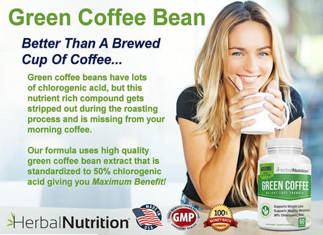 Herbal Nutrition BOGO Pure Green Coffee Bean Extract, Two Bottle Pack, 120 Capsules, Multi-Level Dosing 400Mg - 1200Mg per Serving, 50% Chlorogenic Acid. Weight Loss & Cleanse Supplement