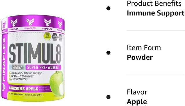 FINAFLEX STIMUL8 Original Super Pre-Workout, Awesome Apple - Energy, Strength & Endurance for Men & Women - with Caffeine, Beta-Alanine & Vitamin C - 35 Servings