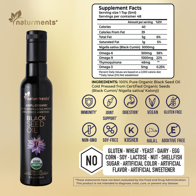 Naturments Premium Black Seed Oil USDA Certified 100% Organic Cold Pressed for Potency Non-Gmo Vegan Gluten Free Cruelty Free Nigella Sativa Oil for Immune Joints Digestion Hair & Skin 8Oz