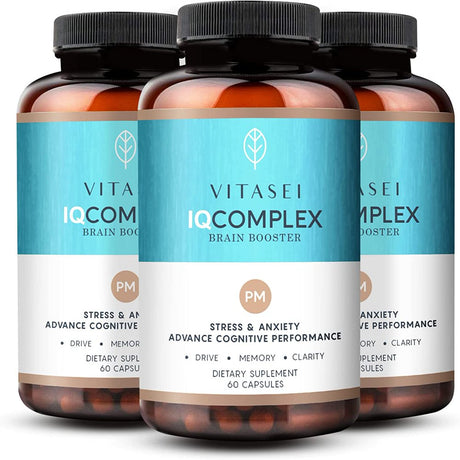 VITASEI IQ Complex PM Brain Booster Supplement,Nootropics Brain Support Supplement W/Chamomile, Vitamin B6 & Ashwagandha, Enhance Focus, Boost Concentration & Enhance Mental Clarity-60 Capsules (3Pck)