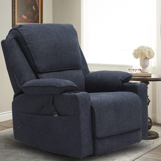 KIGOTY Rocking Recliner Chair, 360 Degree Swivel Massage Sofa Chair with Heating, Linen Cotton Fabric Ergonomic Lounge Chair with 2 Cup Holders & Side Pockets for Living Room Home Theater, Navy Blue