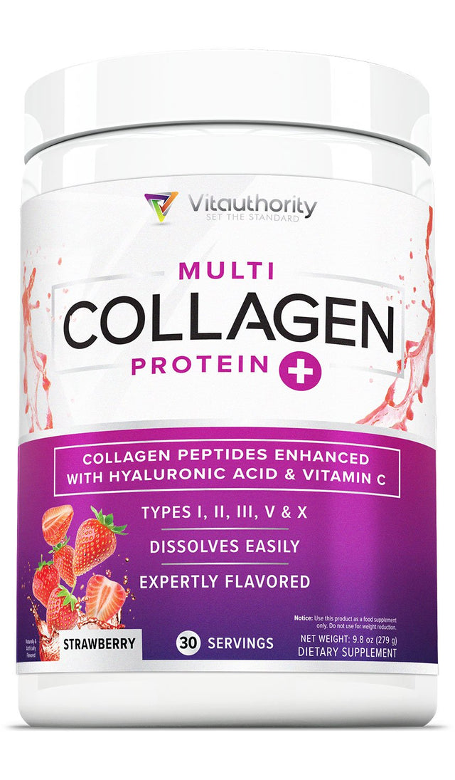 Multi Collagen Peptides plus Hyaluronic Acid and Vitamin C, Hydrolyzed Collagen Protein, Types I, II, III, V and X Collagen, Strawberry Flavor, 30 Servings