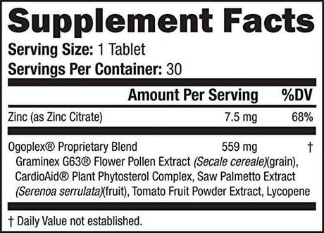 Ogoplex® Prostate & Urinary Support for Men. Formulated with Graminex® G63® Flower Pollen, Cardioaid® Plant Phytosterol Complex, Saw Palmetto, Tomato Fruit Powder and Lycopene. 30 Day Supply