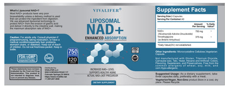 VIVALIFER Liposomal NAD+ Supplement, NAD+ 500Mg with TMG 250 Mg for Ultra Max Enhanced Absorption, Promotes Anti-Aging, Energy and DNA Repair, Brain Function - 120 Capsules