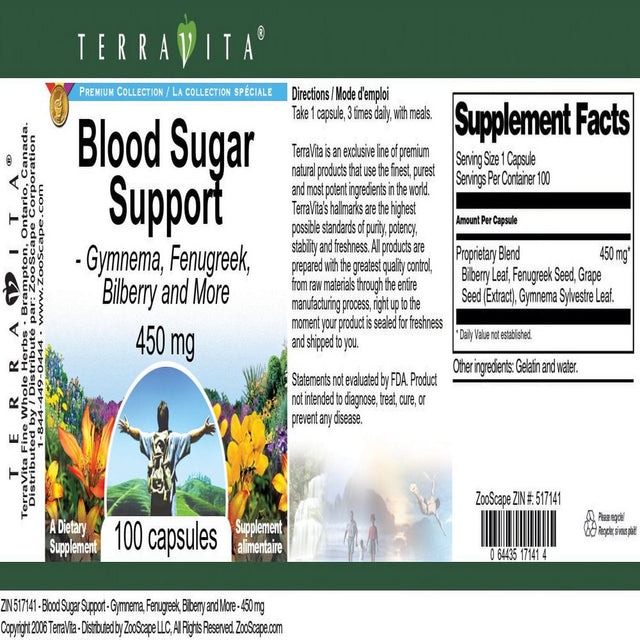 Terravita Blood Sugar Support - Gymnema, Fenugreek, Bilberry and More - 450 Mg, (100 Capsules, 1-Pack, Zin: 517141)