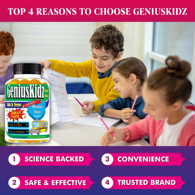 Geniuskidz Brain Focus Supplement Kids Focus and Attention Supplements Brain Booster Vitamins for Kids,Omega 3 Gummies for Kids & Teens- 60Ct