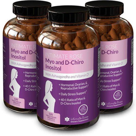 Myo-Inositol & D-Chiro Inositol Blend - 120 Capsules per Bottle, 3 Bottles,40:1 Blend - Fertility, Hormonal Balance Support, PCOS, Ovarian Function - Vitamin D & Ashwagandha for Mood & Stress Support,