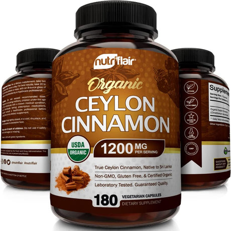 Nutriflair Organic Ceylon Cinnamon Supplement 1200Mg, 180 Capsules - USDA Certified Organic Cinnamon - Non-Gmo, Gluten Free Cinnamon Powder, Antioxidant Cinnamon Pills - Supports Glucose Metabolism