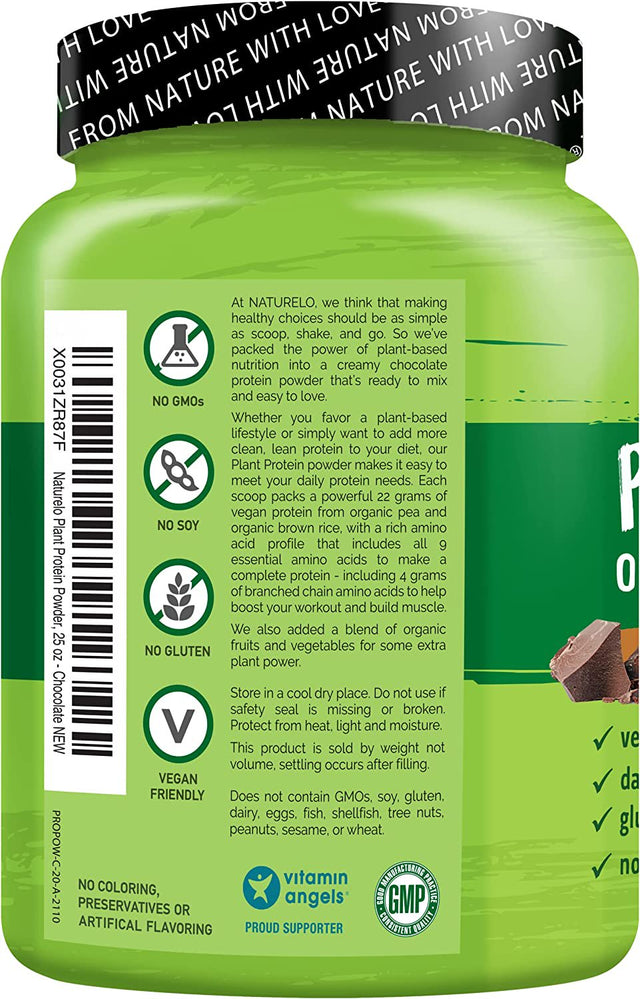 NATURELO Plant Protein Powder, Chocolate, 22G Protein - Non-Gmo, Vegan, No Gluten, Dairy, or Soy - No Artificial Flavors, Synthetic Coloring, Preservatives, or Additives - 20 Servings