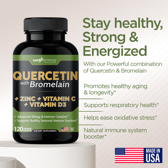 Quercetin with Vitamin C and Zinc - Quercetin 500Mg - Quercetin with Bromelain - Zinc Quercetin - 240 Veggie Caps. Quercetin Supplements + Vitamin D3 (Non-Gmo, Gluten-Free, Vegan)