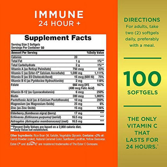 Nature'S Bounty Immune 24 Hour +, 24 Hour Immune Support from Ester C, 100 Rapid Release Softgels, 100 Count