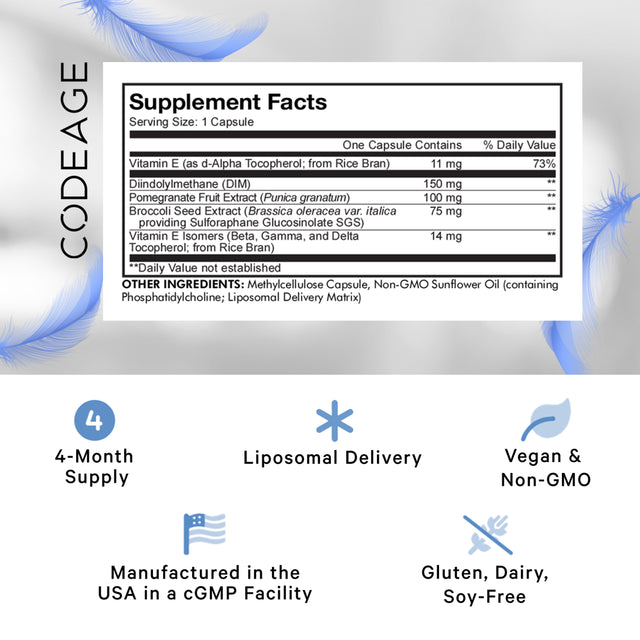 Codeage Liposomal DIM-E, Diindolylmethane, Antioxidant SGS Vitamin E Tocopherols & Isomers, 120 Ct