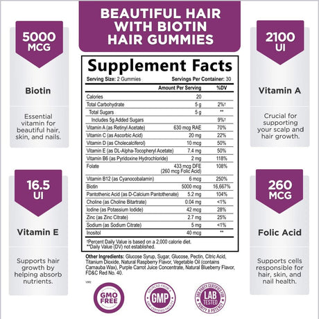 Hair Vitamins Gummies with Biotin 5000 Mcg Vitamin E & C Support Hair Growth Gummy, Premium Vegetarian Non-Gmo, for Stronger, Beautiful Hair, Skin & Nails, Biotin Gummies Supplement - 60 Gummy Bears