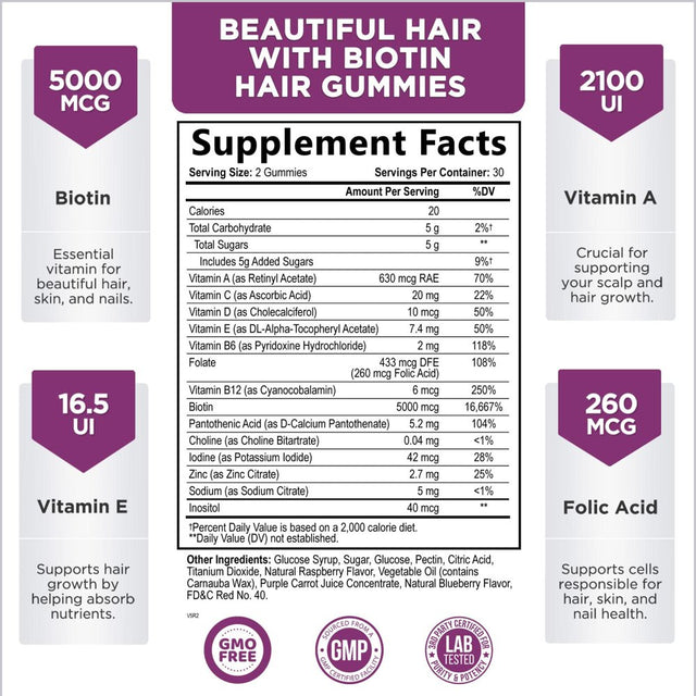 Hair Vitamins Gummies with Biotin 5000 Mcg Vitamin E & C Support Hair Growth Gummy, Premium Vegetarian Non-Gmo, for Stronger, Beautiful Hair, Skin & Nails, Biotin Gummies Supplement - 60 Gummy Bears