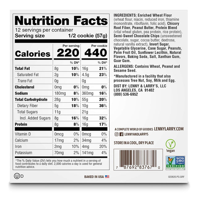 Lenny & Larry'S the Complete Cookie, Peanut Butter Chocolate Chip, Soft Baked, 16G Plant Protein, Vegan, Non-Gmo, 4 Ounce Cookie (Pack of 6)