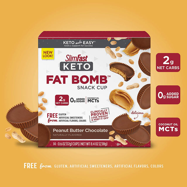 Slimfast Low Carb Chocolate Snacks, Keto Friendly for Weight Loss with 0G Added Sugar & 3G Fiber, Peanut Butter Chocolate, 14 Count Box (Pack of 4) (Packaging May Vary)