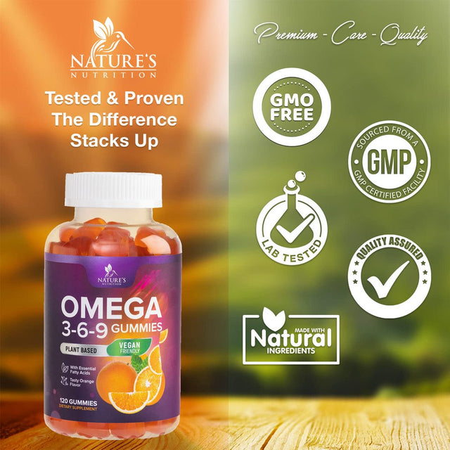 Omega 3 6 9 Vegan Gummies - Triple Strength Omega 3 Supplement Essential Oil Gummy - Omega 369 Heart Support and Brain Support for Women, Men & Pregnant Women, Non-Gmo, Orange Flavor - 120 Gummies