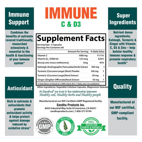 Sandhu'S High Strength Immune C & D3 Supplement Capsules, Complete Immune Support, 1000Mg, 180 Ct