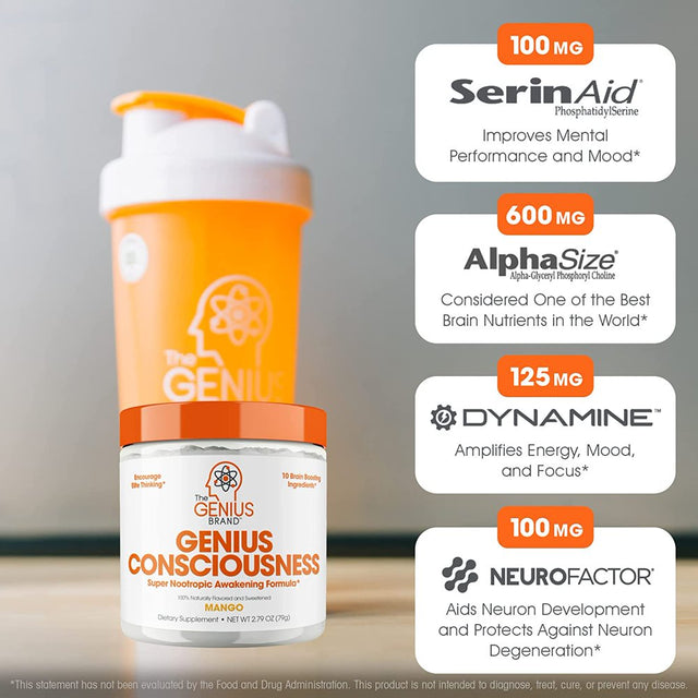 Genius Consciousness, Super Nootropic Brain Supplement Powder, Boost Focus, Cognitive Function, Concentration & Memory (Mango), the Genius Brand