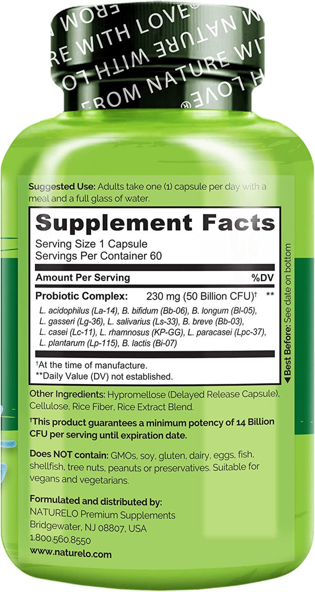 NATURELO Probiotic Supplement - 50 Billion CFU - 11 Strains - One Daily - Helps Support Digestive & Immune Health - Delayed Release - No Refrigeration Needed - 60 Vegan Capsules