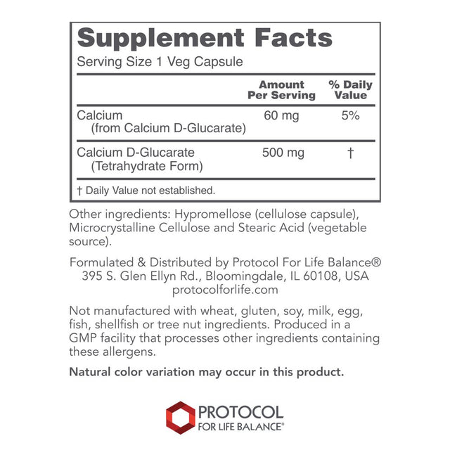 Protocol for Life Balance - Calcium D Glucarate 500Mg - Supports Healthy Detoxification, Promotes Liver Detox, Breast, Colon and Prostate Health - 90 Vegetable Capsules