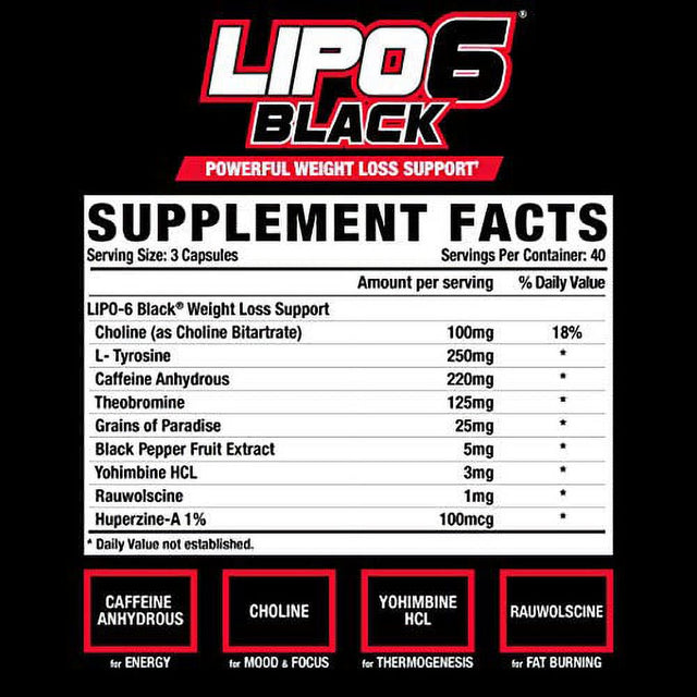 Nutrex Research Lipo-6 Black Extreme Potency | Powerful Weight Loss Suppliment, Appetite Suppressant, Energy Fat Burning Diet Pills, 120 Count