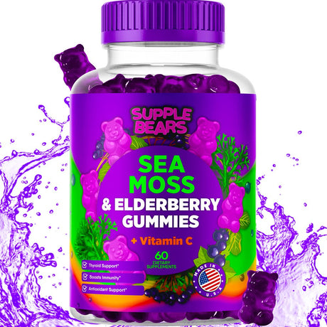 Supplebears Sea Moss Gummies & Elderberry - Vitamin C + Zinc - Extra Strength Immune & Thyroid Support Booster Gummy Bears for Kids & Adults - 60 Seamoss Gummies - Made in the USA