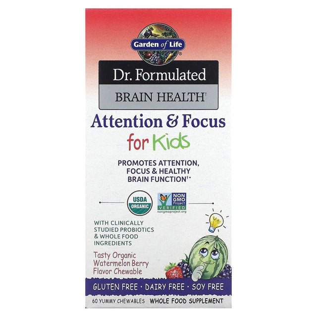 Garden of Life Dr. Formulated Brain Health, Attention & Focus for Kids, Organic Watermelon Berry, 60 Yummy Chewables